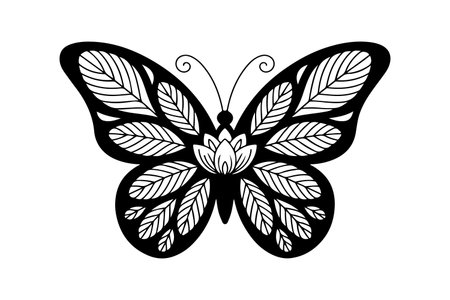 Butterfly with leaves. Vector illustration in black and white.のイラスト素材