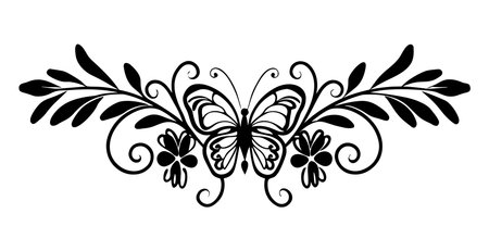 butterfly and leafs black and white vector illustration graphic designのイラスト素材