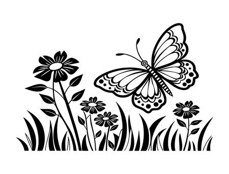 butterfly and flowers icon cartoon black and white vector illustration graphic designのイラスト素材