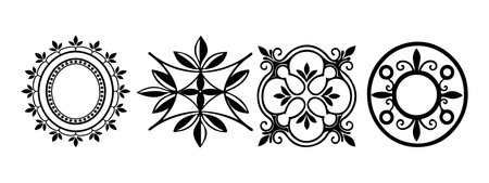 Set of black round frames with floral elements on white background. Vector illustrationのイラスト素材