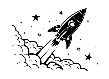 Rocket icon in black and white style on a white background. Vector illustrationのイラスト素材