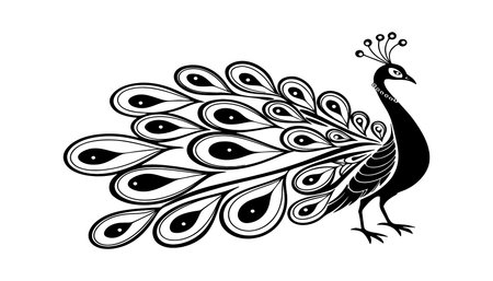 Peacock. Black and white illustration. Isolated on white background.のイラスト素材