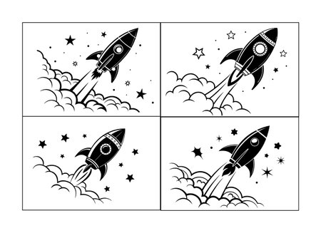 Set of black and white stickers with rocket, stars and clouds. Vector illustration.のイラスト素材