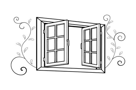 window with floral decoration cartoon vector illustration graphic design in black and whiteのイラスト素材