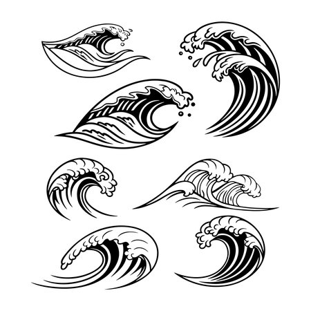 Set of stylized waves. Vector illustration isolated on white background.のイラスト素材