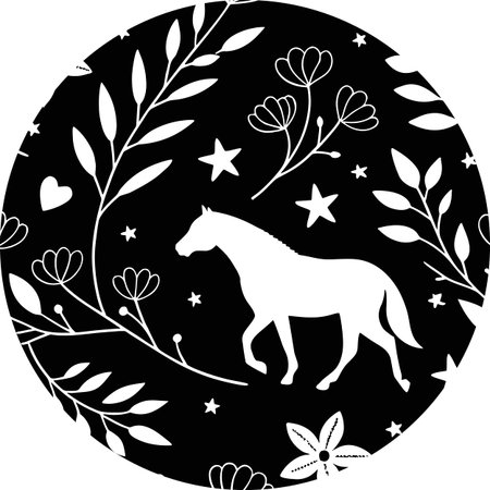 White silhouette of a horse walks among stylized flowers, stars, and leaves on a black background.のイラスト素材
