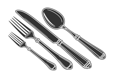 A classic set of vintage cutlery including a knife, fork, and spoon, presented in an elegant, graphic style.のイラスト素材