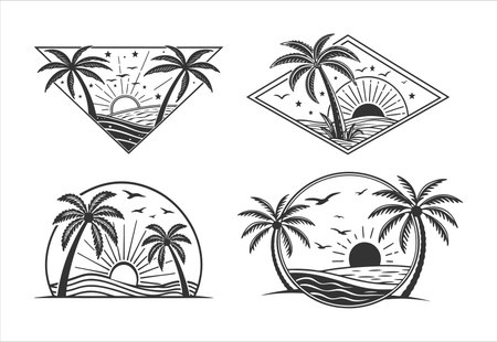 Set of four minimalist black and white vector emblems featuring palm trees, ocean waves, and a setting sun.のイラスト素材