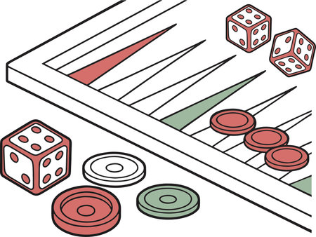 Backgammon board game elements including dice and counters, representing strategy and chance.