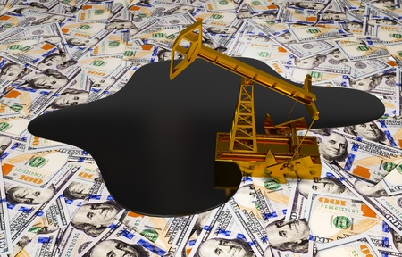 Golden Pumpjack And Spilled Oil On The Money. 3D Scene.