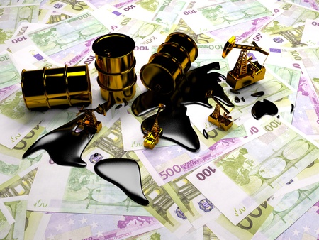 Golden Pumpjack And Spilled Oil On The Money. 3D Scene.の写真素材