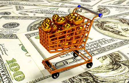 eggs in a shopping trolley on the background of banknotesの写真素材