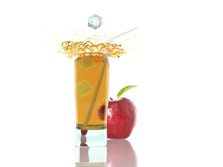 red apple with juice isolated on whiteの写真素材