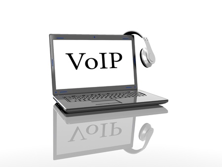Laptop with an inscription on the VoIP screen and headphonesの写真素材
