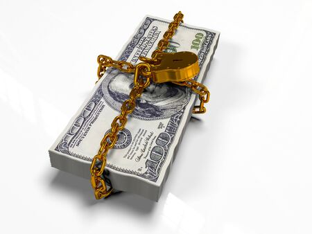 isolated on a white background 3d render pack dollars closed lock, the concept of the safe storage of funds,の写真素材