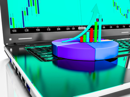 laptop with business or profits growth bar graph, 3d renderの写真素材