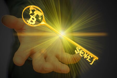 golden key to the currency symbol and Bitcoin