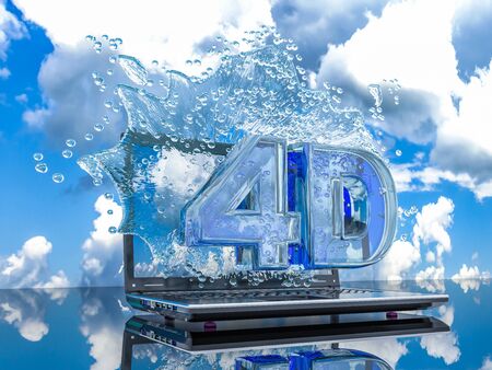 Splash water from the laptop screen with symbols 4d, 3d render