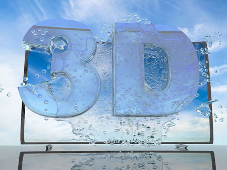 Splash of water from the TV screen on a background of a sunset landscape, with symbols 3D and 4K, 3d renderの写真素材