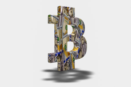 Symbol bitcoin consisting of dollar bills on a white backgroundの写真素材