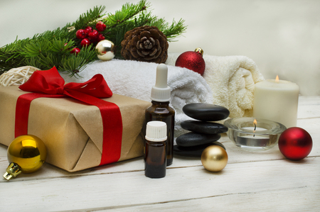 spa concept, wellness objects on wood plant , christmas background. Present holiday concept.の写真素材
