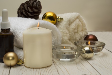 spa concept, wellness objects on wood plant , christmas background. Present holidayの写真素材
