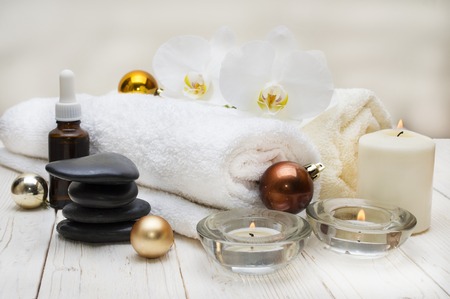 spa concept, wellness objects on wood plant , christmas background. Present holidayの写真素材