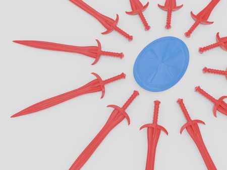 red swords around blue shield. 3dの写真素材