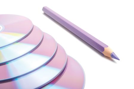 violet pencil and CD on white. closeupの写真素材