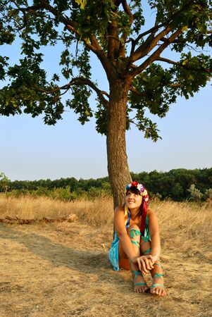 girl with a wreath in her hairの写真素材