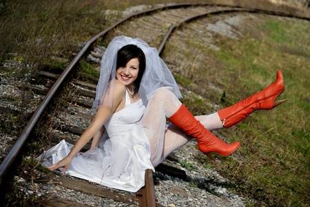 Runaway Bride. woman in a wedding dressの写真素材