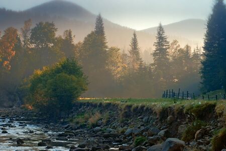 mountain landscape with riverbed in morning light. natureの写真素材