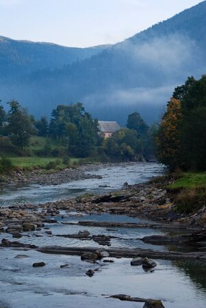 mountain landscape with riverbed in morning light. natureの写真素材