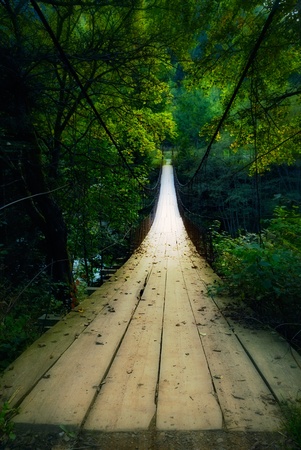 suspended wooden bridge illuminated by lightの写真素材