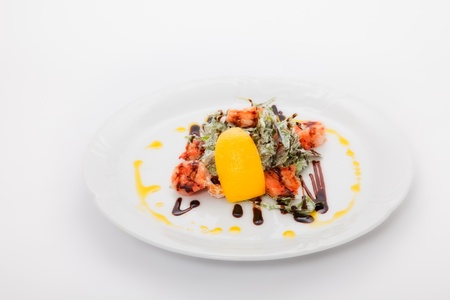 salad with tiger prawns decorated lemonの写真素材