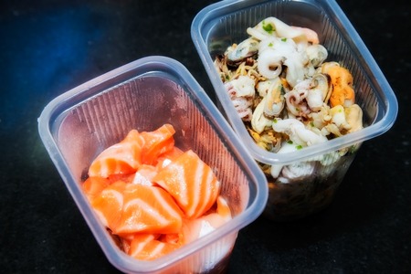 ingrediants to pizza with seafood and fishの写真素材