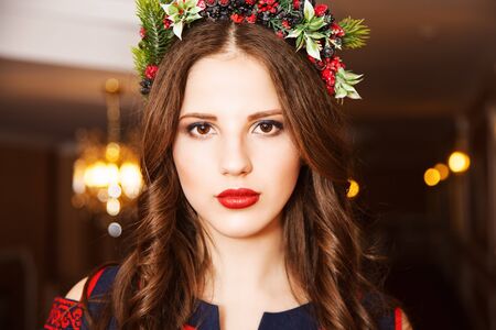 Portrait of attractive brown-haired woman indoorsの写真素材