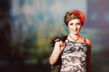 Portrait of attractive woman in military styleの写真素材