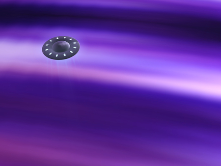 Flying saucer in subspace, science fiction 3D graphics. illustrationの写真素材