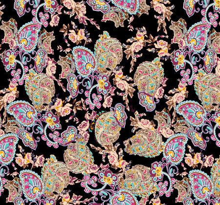Colorful Paisley wallpaper. Vector Indonesian batik. Bright classic indian fabric. Paisley wallpaper. Ethnic background with paisley and stylized flowers. For textile, cover, wrapping paper, fabricの写真素材