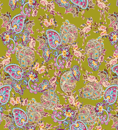 Colorful Paisley wallpaper. Vector Indonesian batik. Bright classic indian fabric. Paisley wallpaper. Ethnic background with paisley and stylized flowers. For textile, cover, wrapping paper, fabricの写真素材