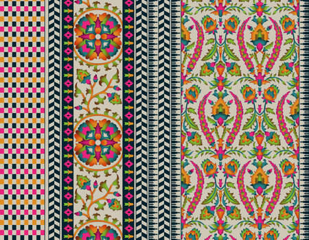 Seamless border with Indian ethnic ornament elements. Folk flowers and leaves for print or embroideryの写真素材