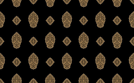 Damask seamless pattern. Lace fabric in vector, green and yellow ornament. Textile wallpaper on a black backgroundの写真素材