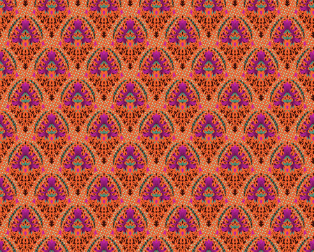 Vertical seamless fashion background. Women's long dress mock up with bright seamless hand drawn pattern for textile, paper print. Isolated dark blue dress with orange brown pattern.の写真素材