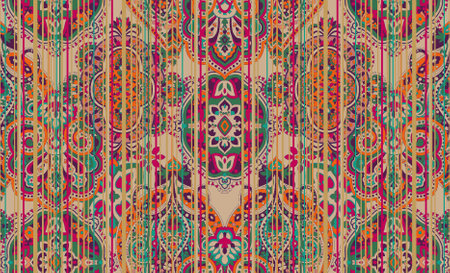 Colorful Paisley wallpaper. Vector Indonesian batik. Bright classic indian fabric. Paisley wallpaper. Ethnic background with paisley and stylized flowers. For textile, cover, wrapping paper, fabricの写真素材