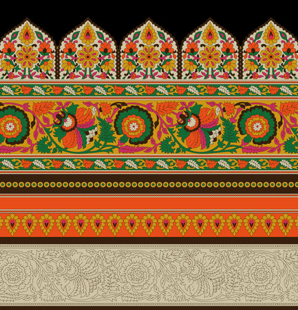 Colorful floral pattern with traditional style design, Persian pattern of paisleys and borders, suitable for clothing textile and wallpaper designの写真素材