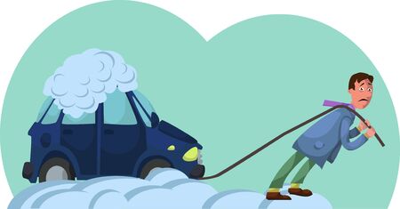 a man pulls a car stuck in the snowのイラスト素材