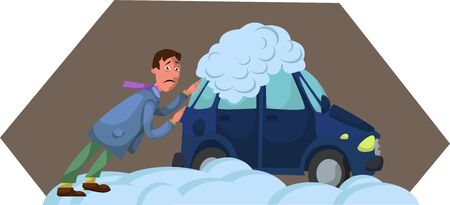 a man pushes a car stuck in the snowのイラスト素材