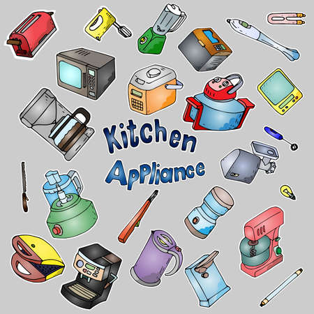 Set of cute hand drawn colorfull kitchen appliancesの写真素材