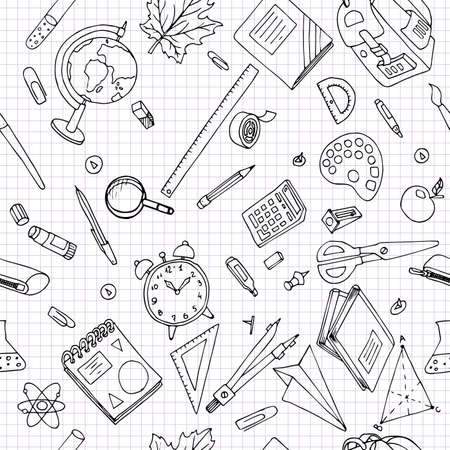 Seamless pattern of hand drawn set of school doodle on checkered background.Back to School themeの写真素材